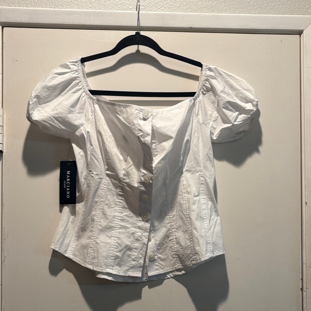 Marciano White  Button-Up Puff Sleeve Blouse